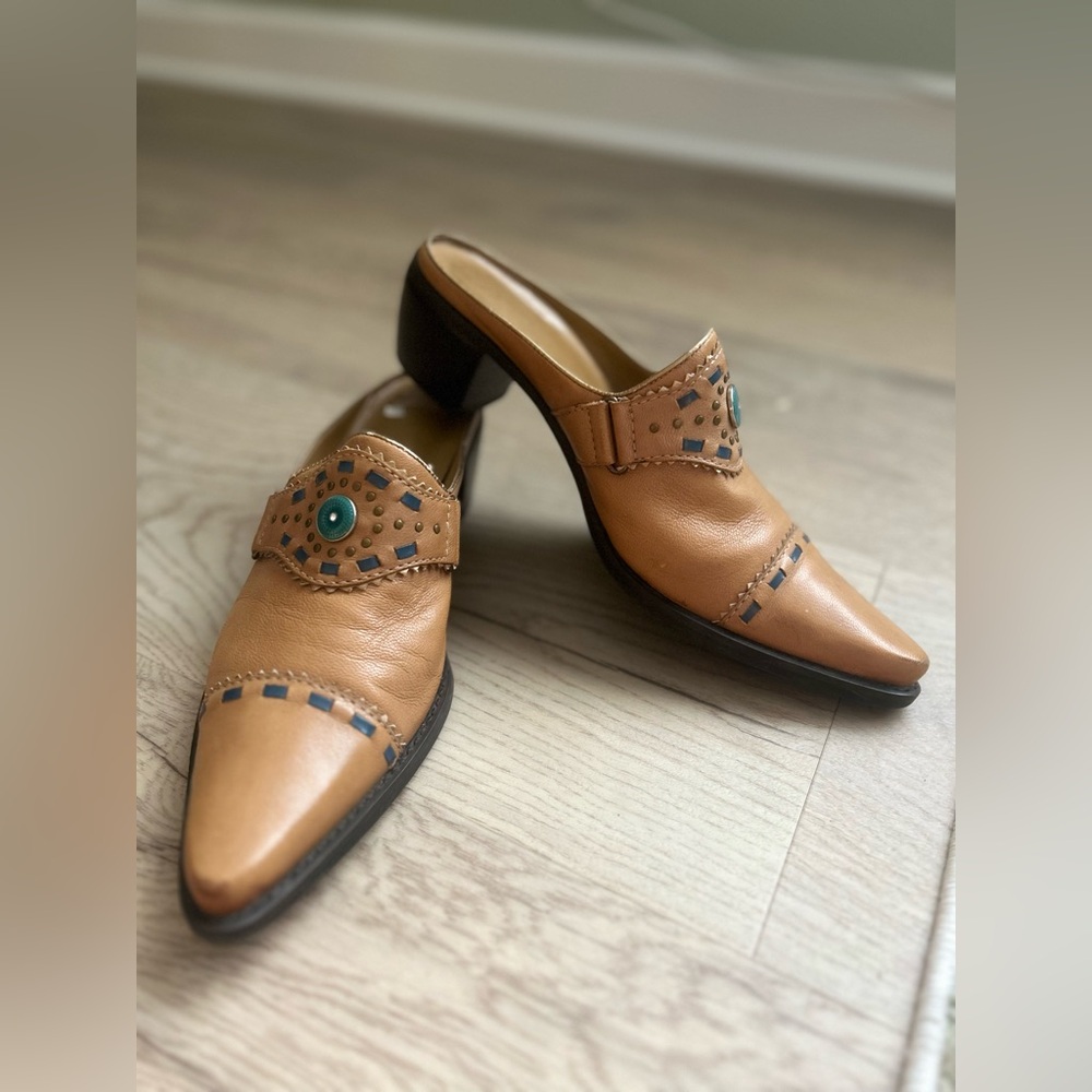 Franco Sarto Tan Leather Studded Mules